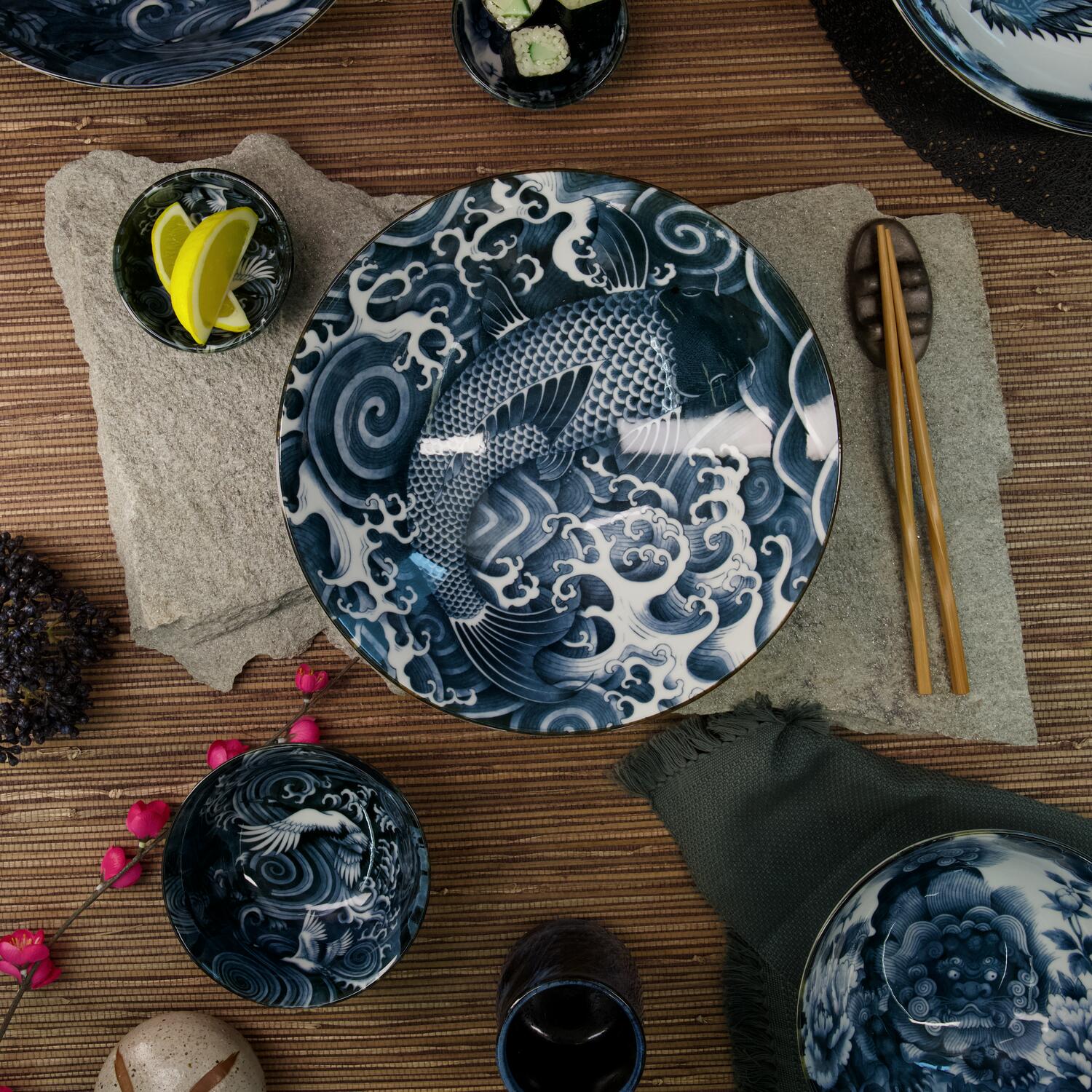 Japonism Lion skål, blå/hvid - 95 ml